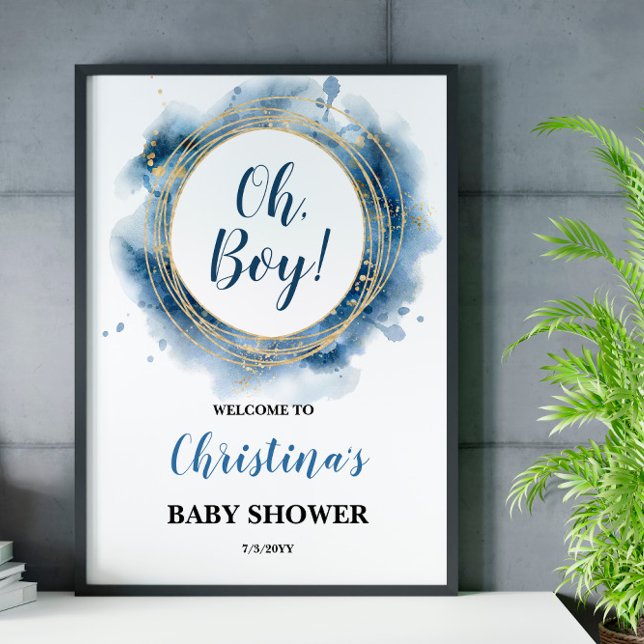 Blue Gold Baby Dusche Oh Junge Begrüßungskarte Poster (Von Creator hochgeladen)
