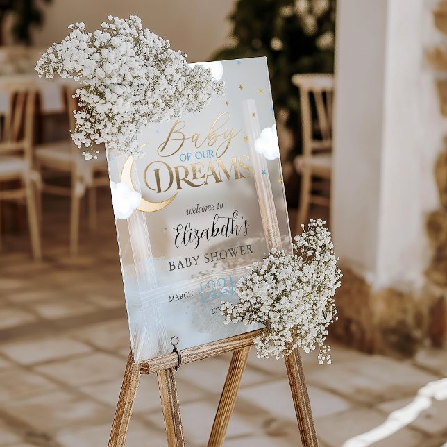 Blue Gold Baby unserer Dreams Baby Dusche Willkomm Acrylschild (Blue Gold Baby of our Dreams Baby Shower Welcome Acrylic Sign)