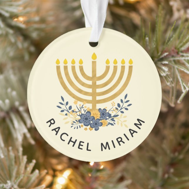 Blue & Gold Baby's First Hanukkah | Datierter Sake Ornament (Baum)