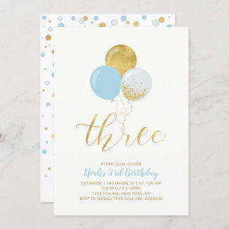 Blue & Gold Balloons 3. Geburtstags-Party Einladung