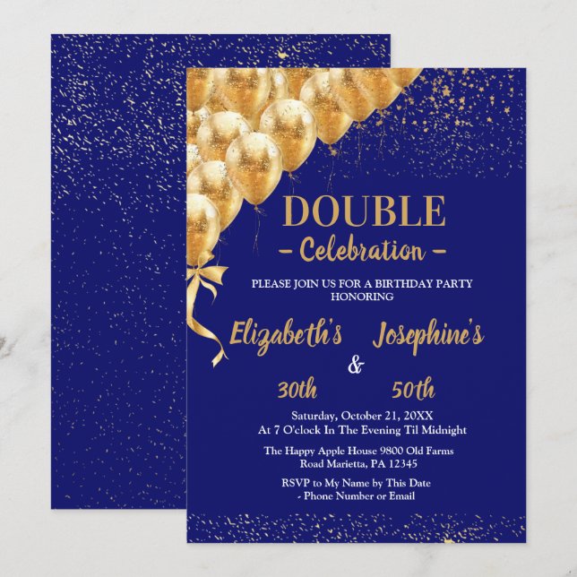 Blue Gold Balloons Glitzer Dual Birthday Soiree Einladung (Vorne/Hinten)