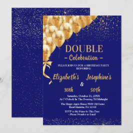Blue Gold Balloons Glitzer Dual Birthday Soiree Einladung