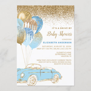 Blue Gold Balloons Virtual Drive by Baby Dusche Einladung