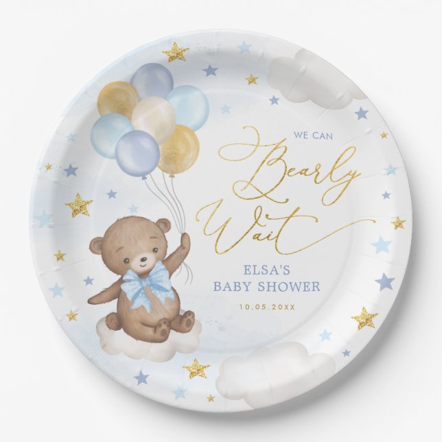 Blue Gold Bär mit Balloons Clouds Stars Boy Baby Pappteller (Vorderseite)