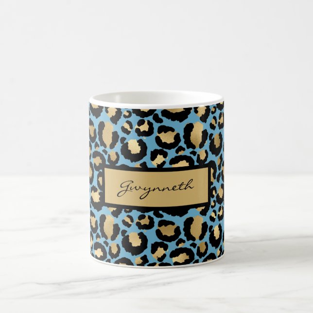Blue Gold Black Leopard Print mit Ihrem Namen Kaffeetasse (Mittel)