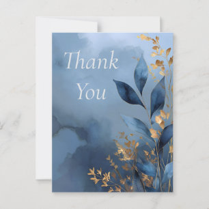 Blue & Gold Blätter auf Watercolor Dankeschön Card Postkarte