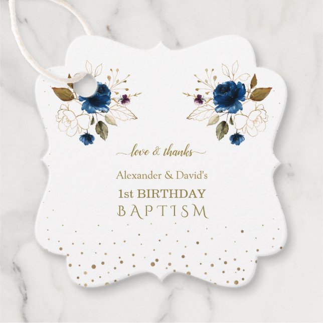 Blue Gold Blume Boys Twins 1. Geburtstag Taufe Geschenkanhänger (Vorderseite)