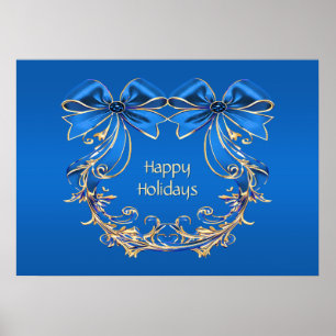 Blue Gold Blume Holiday Poster