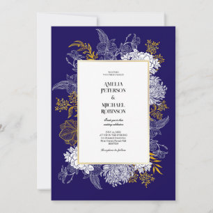 Blue Gold Botany Graphic Wedding Einladung