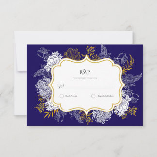 Blue Gold Botany Graphic Wedding RSVP Karte