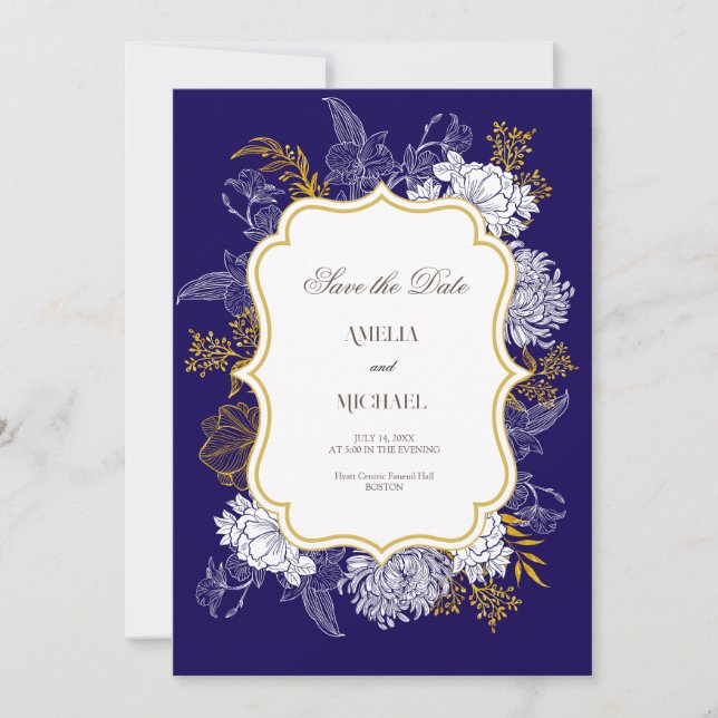 Blue Gold Botany Graphic Wedding Save The Date (Vorderseite)