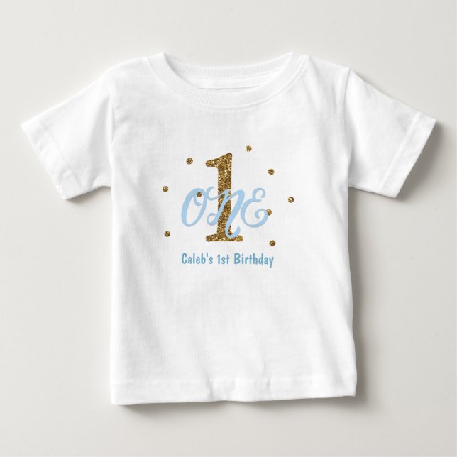 Blue & Gold Boys 1. Geburtstag Party kundenspezifi Baby T-shirt (Vorderseite)