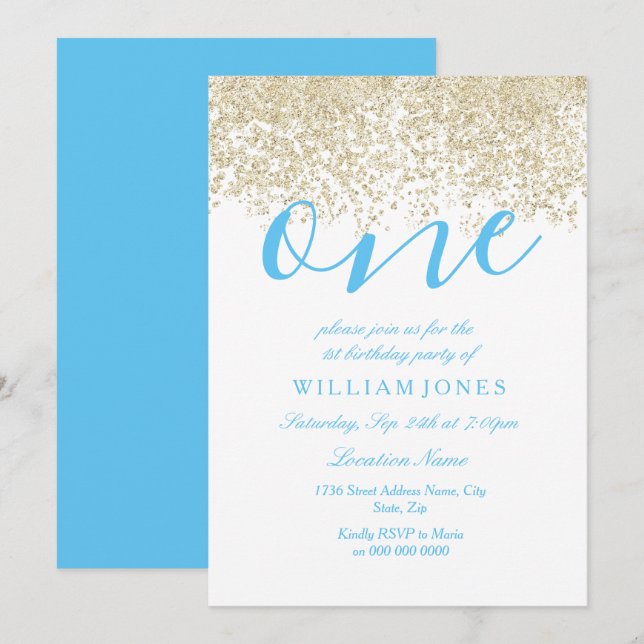 Blue Gold Boys 1. Geburtstag Party laden Einladung (Vorne/Hinten)