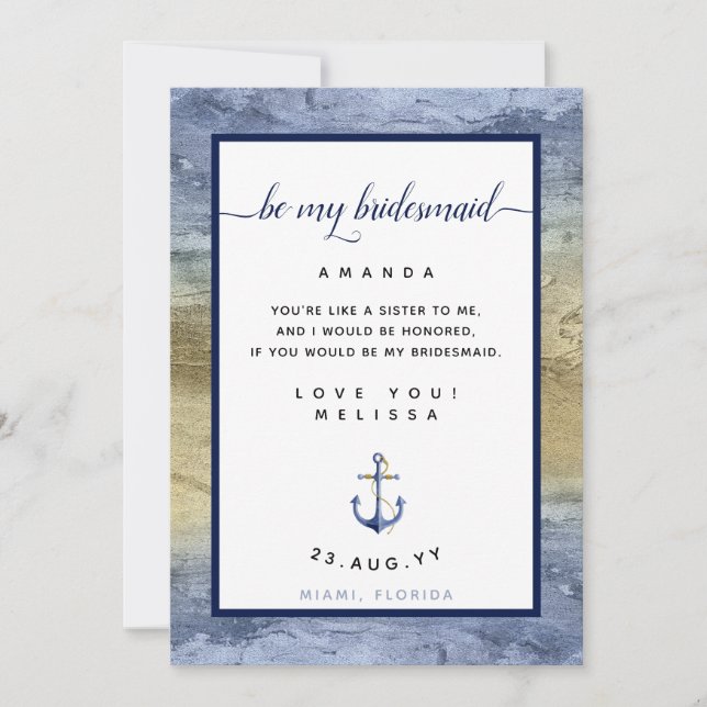 Blue & Gold Bridesmaid Vorschlag #Nautic Card Einladung (Vorderseite)