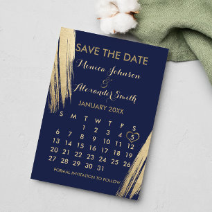 Blue Gold Brushstrokes Calendar Wedding Save The Date