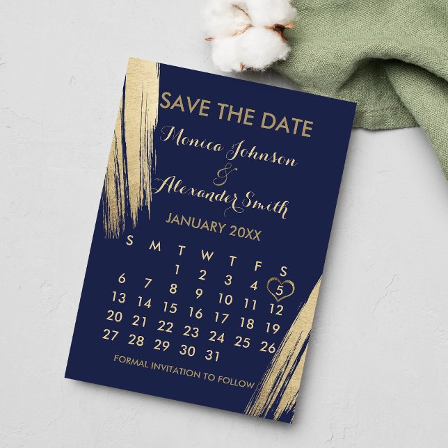 Blue Gold Brushstrokes Calendar Wedding Save The Date (Navy Blue Gold Brushstrokes Calendar Wedding Save The Date)