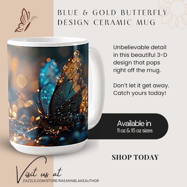 Blue & Gold Butterfly Design Keramik Tasse (Von Creator hochgeladen)