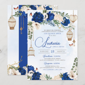 Blue Gold Butterfly Floral Elegante Quinceañera Einladung