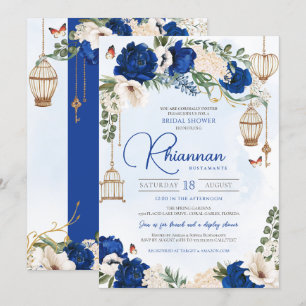 Blue Gold Butterfly Floral Elegantes Brautparty Einladung