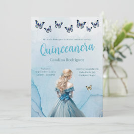 Blue Gold Butterfly Princess Quinceñera Einladung