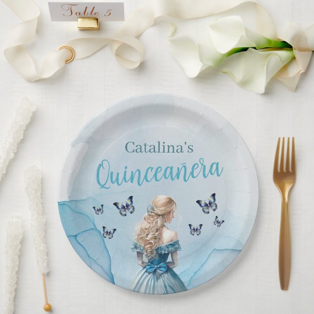 Blue Gold Butterfly Princess Quinceñera Pappteller (Hochzeit)