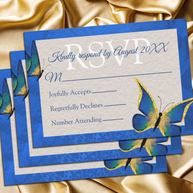 Blue, Gold Butterfly Quinceñera RSVP Card Hinweiskarte (royal blue gold quinceanera rsvp cards for elegant blue butterfly invitations)