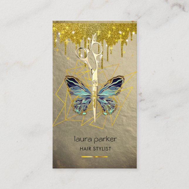 Blue Gold Butterfly Scisson Haar Stylist Salon Visitenkarte (Vorderseite)
