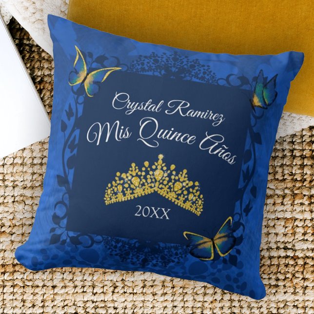 Blue, Gold Butterfly Tiara Quinceanera Pillow Kissen (royal blue quinceanera throw pillow gold tiara rhinestone gemstones gold butterflies keepsake gift )
