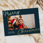 Blue Gold Calligraphy Frohe Weihnachten Einfaches  Folien Feiertagskarte<br><div class="desc">Blue Gold Calligraphie Frohe Weihnachten Einfaches Foto Real Foil Holiday Card. Mit dieser festlichen und modernen Foil Holiday Card senden Sie Ihren Lieben einen Urlaubssalon mit Fotos. Alle Texte sind so vorbereitet,  dass Sie sie einfach und schnell mit Ihren eigenen Details personalisieren können. Gute Ferien!</div>