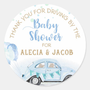 Blue Gold Car Drive by Baby Dusche Vielen Dank Runder Aufkleber