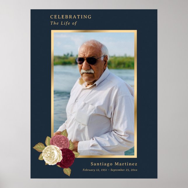 Blue Gold Celebration of Life Foto Beerdigung Sign Poster (Vorne)