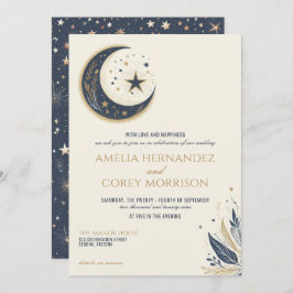 Blue & Gold Celestial mit QR Code Wedding Einladung