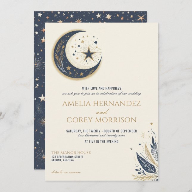 Blue & Gold Celestial mit QR Code Wedding Einladung (Vorne/Hinten)