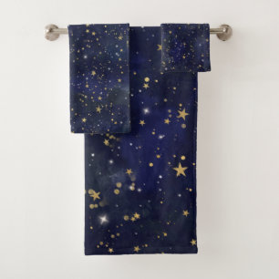 Blue & Gold Celestial Stars Whimsical Watercolor Badhandtuch Set
