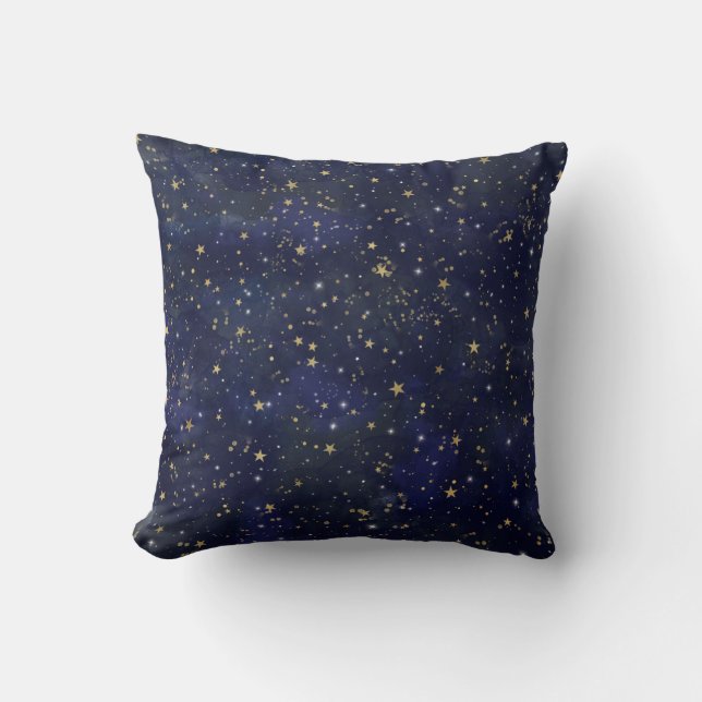 Blue & Gold Celestial Stars Whimsical Watercolor Kissen (Vorderseite)