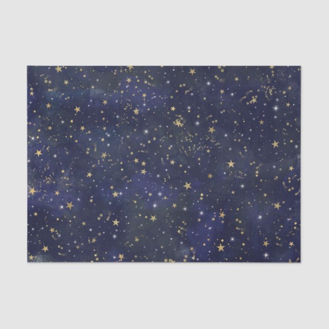 Blue & Gold Celestial Stars Whimsical Watercolor Seidenpapier (Vorderseite)