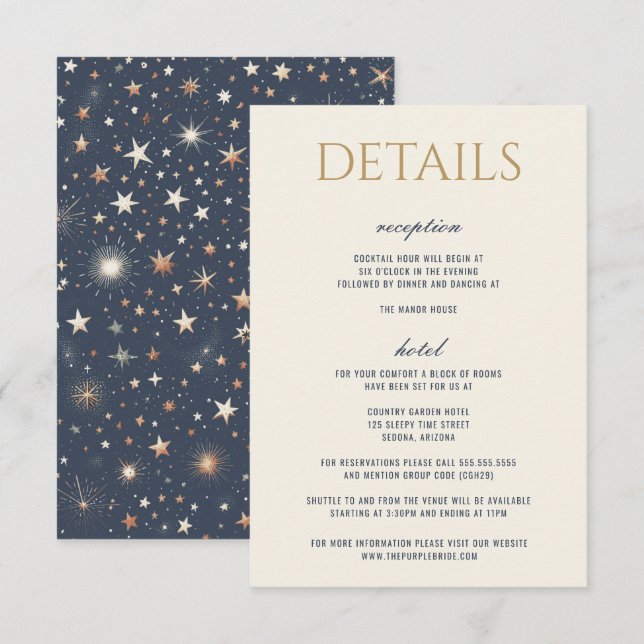 Blue & Gold Celestial Wedding Begleitkarte (Vorne/Hinten)