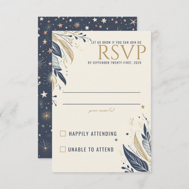 Blue & Gold Celestial Wedding RSVP Karte (Vorne/Hinten)