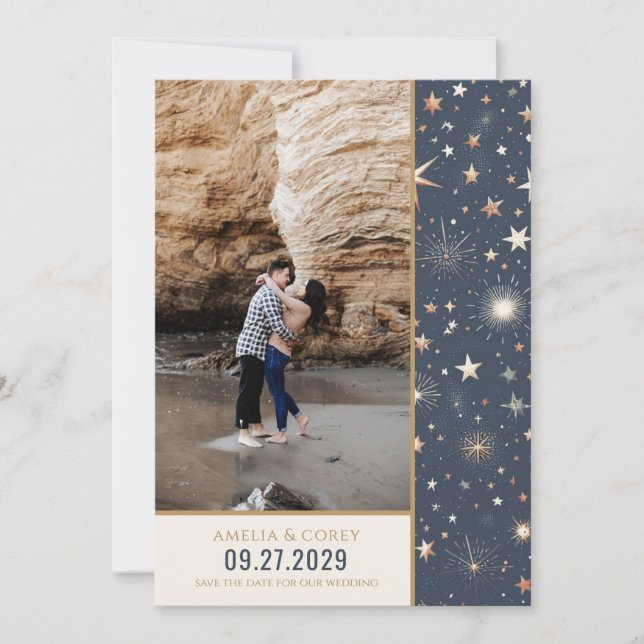 Blue & Gold Celestial Wedding Save The Date (Vorderseite)
