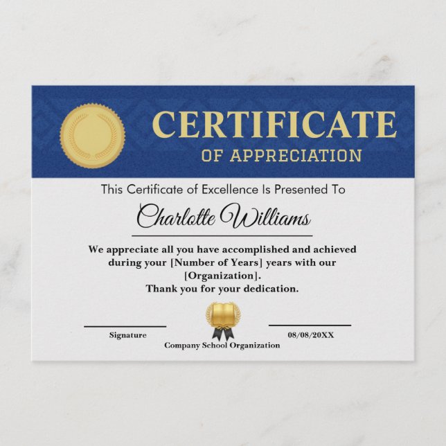Blue Gold Certificate of Appreciation Template Begleitkarte (Vorderseite)