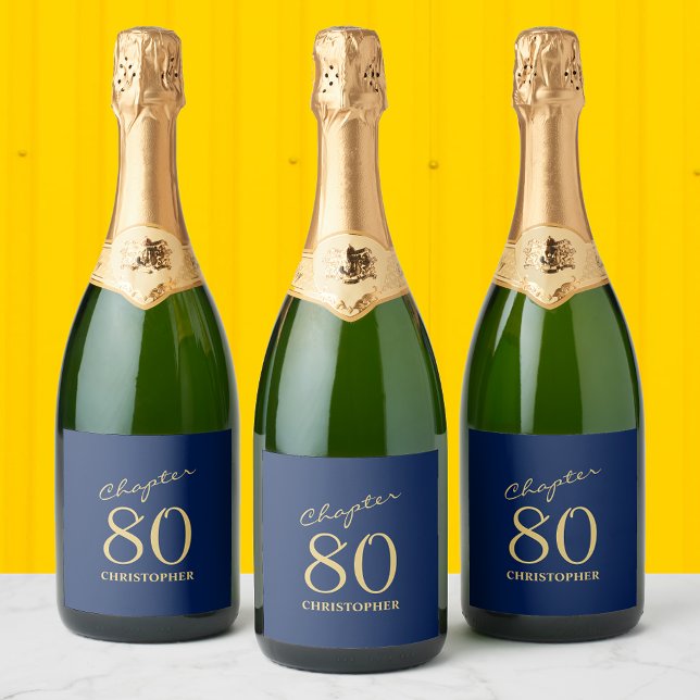 Blue Gold Chapter 80. Geburtstag (Custom 80th birthday sparkling wine and champagne labels. Easily personalized for a unique   party.)