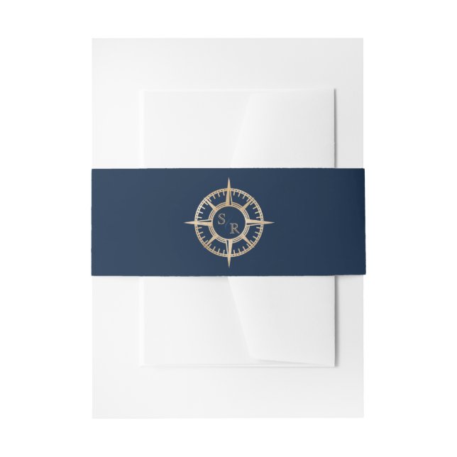 Blue Gold Compass Monogram Passport Einladungsbanderole (Vorderseite Beispiel)