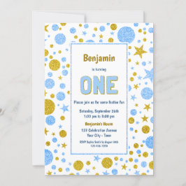 Blue Gold Confetti 1. Geburtstag Party Einladung