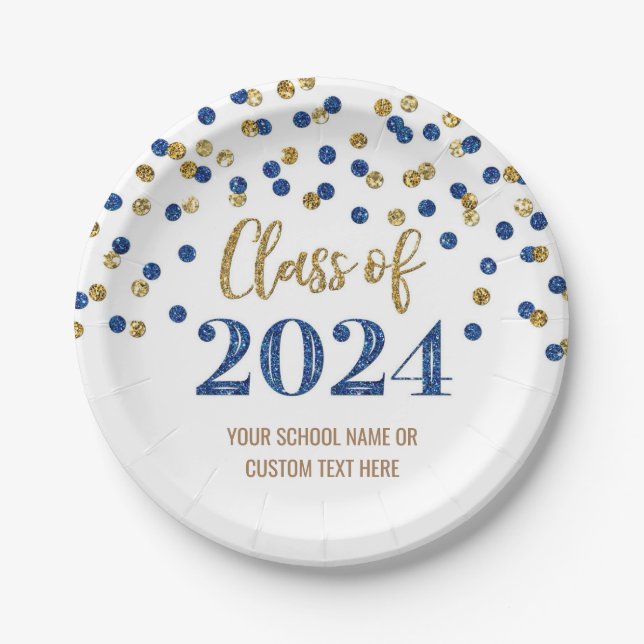 Blue Gold Confetti Abschluss 2024 Pappteller (Vorderseite)
