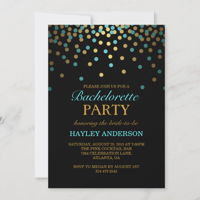 Blue & Gold Confetti Bachelorette Einladung (Vorderseite)