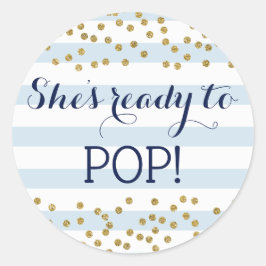 Blue Gold Confetti Boy Baby Dusche Bereit zum Pop Runder Aufkleber