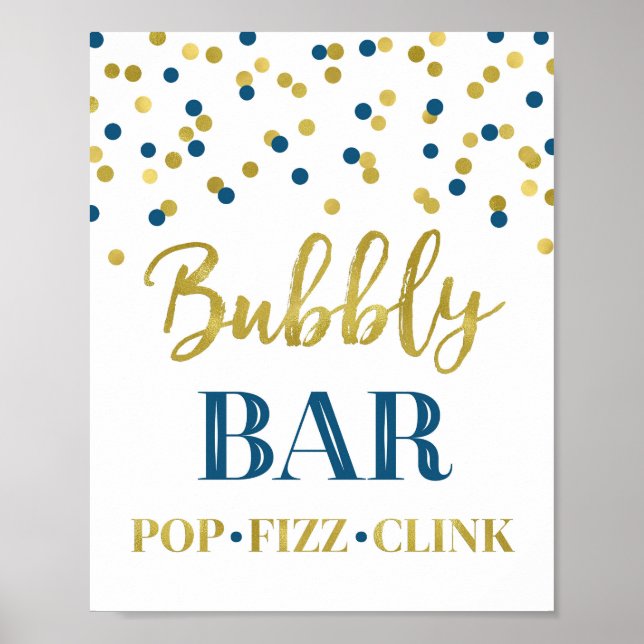 Blue Gold Confetti Bubbly Bar Sign Poster (Vorne)
