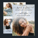 Blue Gold Confetti Foto Collage Sweet 16 Einladung<br><div class="desc">Diese hübsche und gürmische 16 . Geburtstag Geburtstagsparty Foto Collage Einladung ist perfekt für das trendige und stilvolle Mädchen. Es zeigt Imitate gedruckt funkelnd Glitzer fallend Konfetti auf einem pastellblauen und große Funktion Foto ombre Farbverlauf mit eleganten schwarz handgeschriebenen kursiven Skript Typografie. Auf der Rückseite sind die Imitate goldene Konfetti...</div>