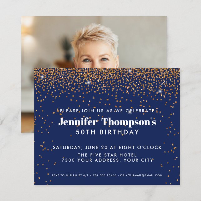 Blue Gold Confetti Glitzer 50. Geburtstag Foto (Vorne/Hinten)
