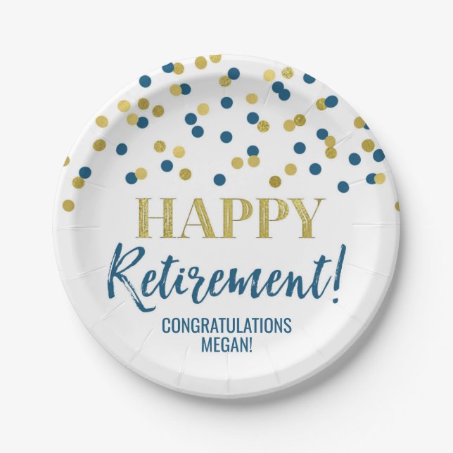Blue Gold Confetti Happy Retirement Pappteller (Vorderseite)